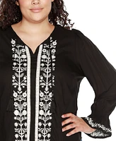 Belldini Black Label Plus Tie-Neck Embroidered-Front Blouse