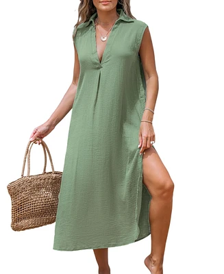 Cupshe Women's Green Collared V-Neck Sleeveless Linen Midi Beach Dress