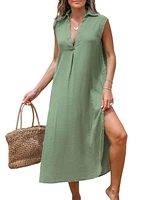 Cupshe Women's Green Collared V-Neck Sleeveless Linen Midi Beach Dress