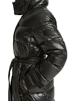 Karl Lagerfeld Womens Shine Hooded Short Belted Puffer Coat