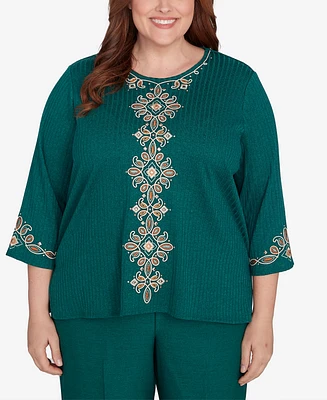 Alfred Dunner Plus Emerald Isle Women's Center Medallion Embroidered Three Quarter Sleeve Top