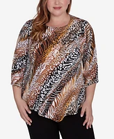 Alfred Dunner Plus Size Rue Rivoli Women's Diagonal Animal Print Top With Necklace