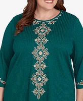 Alfred Dunner Plus Emerald Isle Center Medallion Embroidered Three Quarter Sleeve Top