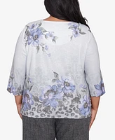 Alfred Dunner Plus Worth Avenue Women's Beaded Split Neck Floral Shimmer Top