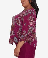 Alfred Dunner Plus Wine Country Floral Paisley Drawstring Sleeves V-Neck Top