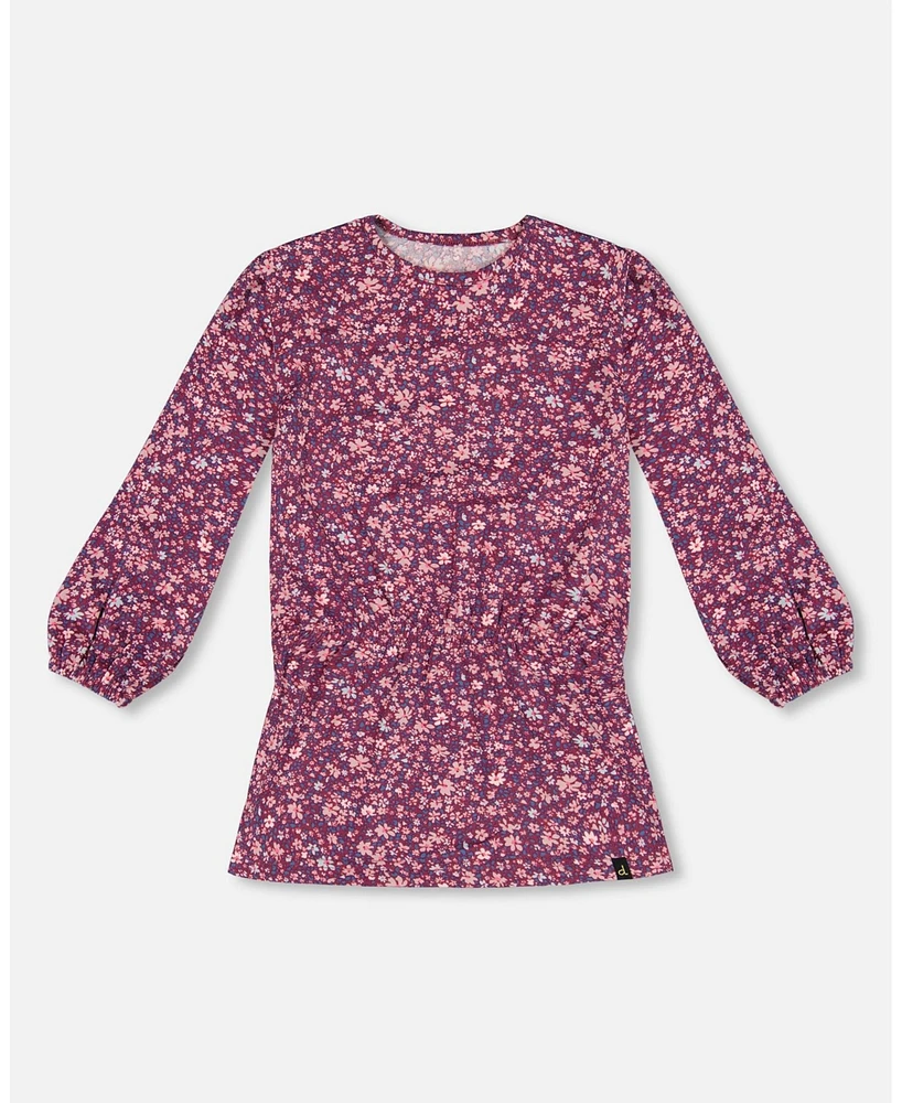 Deux par Big Girls Elastic Waist Tunic Burgundy Printed Flowers