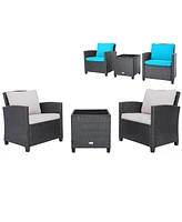 Gymax 3PCS Outdoor Patio Rattan Conversation Set w/ Beige & Turquoise Cushion