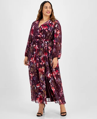 Robbie Bee Plus Printed Surplice Wrap Maxi Dress