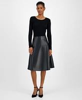 T Tahari Women's Mixed-Media Faux-Leather Fit & Flare Dress