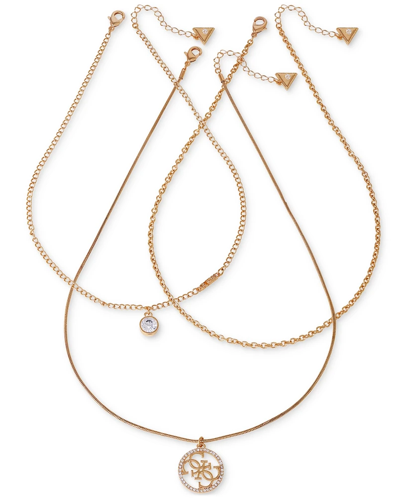 Guess 3-Pc. Gold-Tone Crystal Logo Pendant & Strand Necklace Set