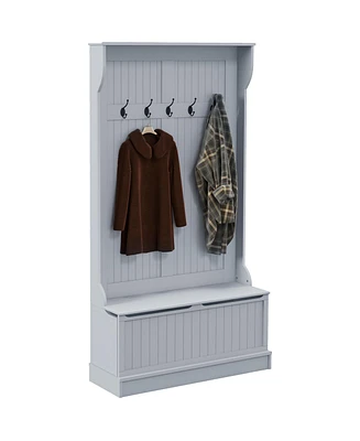 Homcom Wooden Hallway Coat Rack with Five Steel Hooks and Hinge Storage Sitting Area