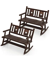 Costway 2 Pcs Patio Rocking Bench Carbonized Wood Double Rocker Chair with Ergonomic Seat