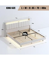 Mondawe Beige Led Light and Charging Station Upholstered Platform Bed Frame