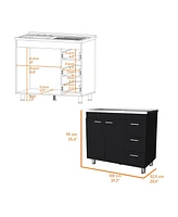 Fm Furniture Darien melamine base cabinet, three drawers and stainless steel top.