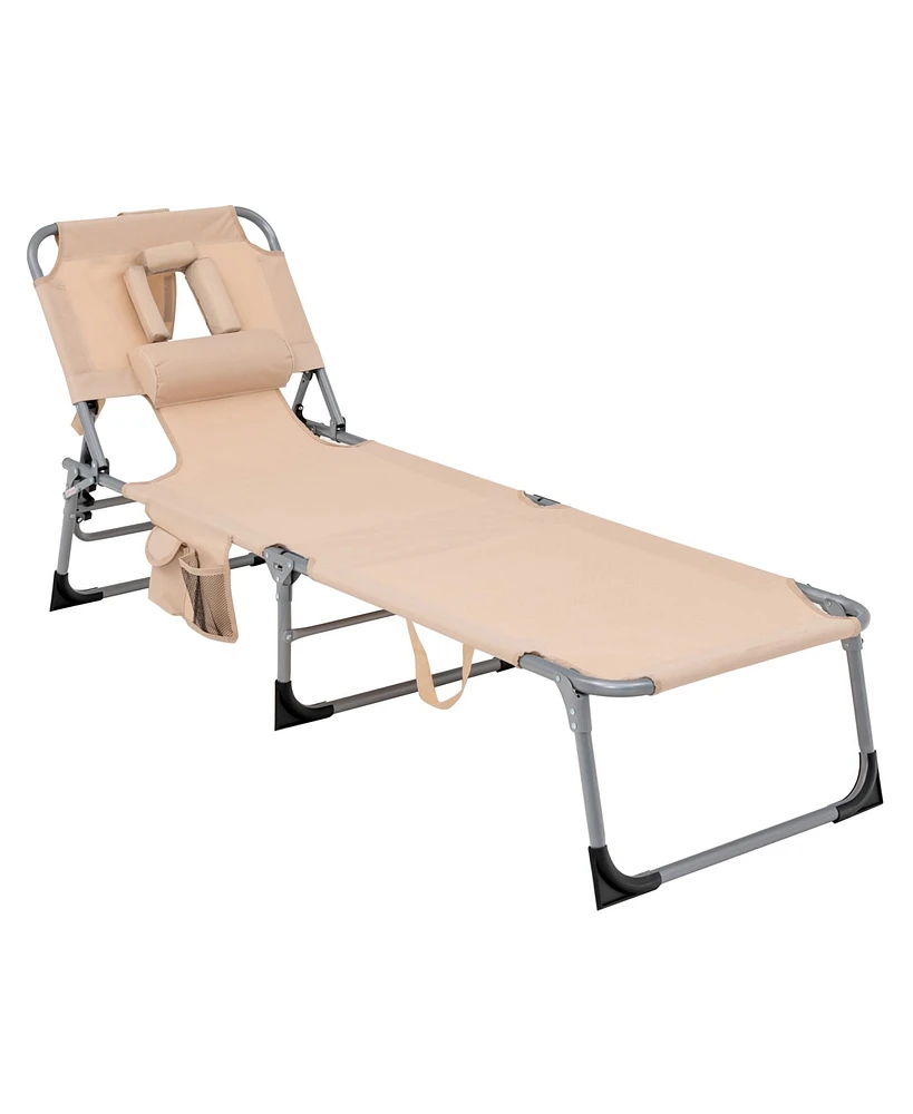 Gymax Portable Beach Chaise Lounge Chair Folding Reclining Chair w/ Facing Hole Beige