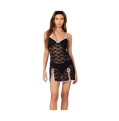 Edikted Women's Bow & Lace Sheer Mini Dress