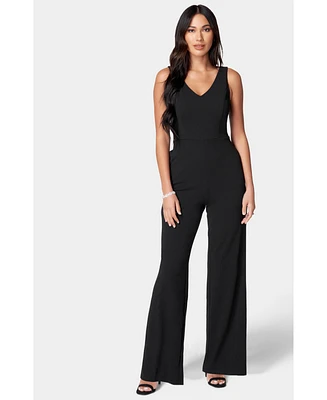 bebe Women's Scuba Crepe V-Neck Jumpsuit