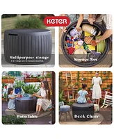 Keter Circa 37gal Round Patio Box Stylish Storage Table and Seating, Brown Resin