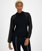 Bar Iii Women's Mock-Neck Sheer-Raglan-Sleeve Top, Created for Macy's