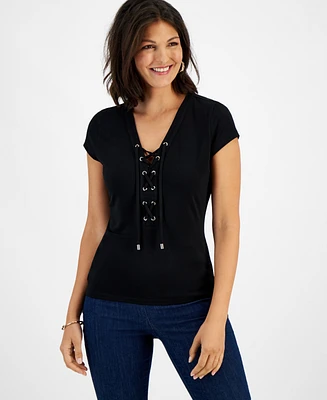 I.n.c. International Concepts Women's Lace-Up Short-Sleeve Top, Created for Macy's