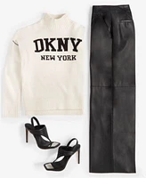 Dkny Jeans Womens Intarsia Logo Turtleneck Sweater Faux Leather Wide Leg Pants