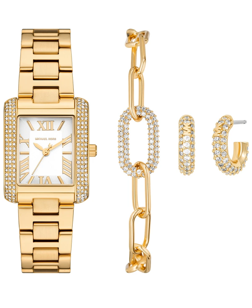 Michael Kors Women's Emery Three-Hand Gold-Tone Stainless Steel Watch, Earrings and Bracelet Gift Set 27mm - Gold