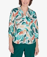 Alfred Dunner Women's Emerald Isle Abstract Leaf Top with Bell Sleeves