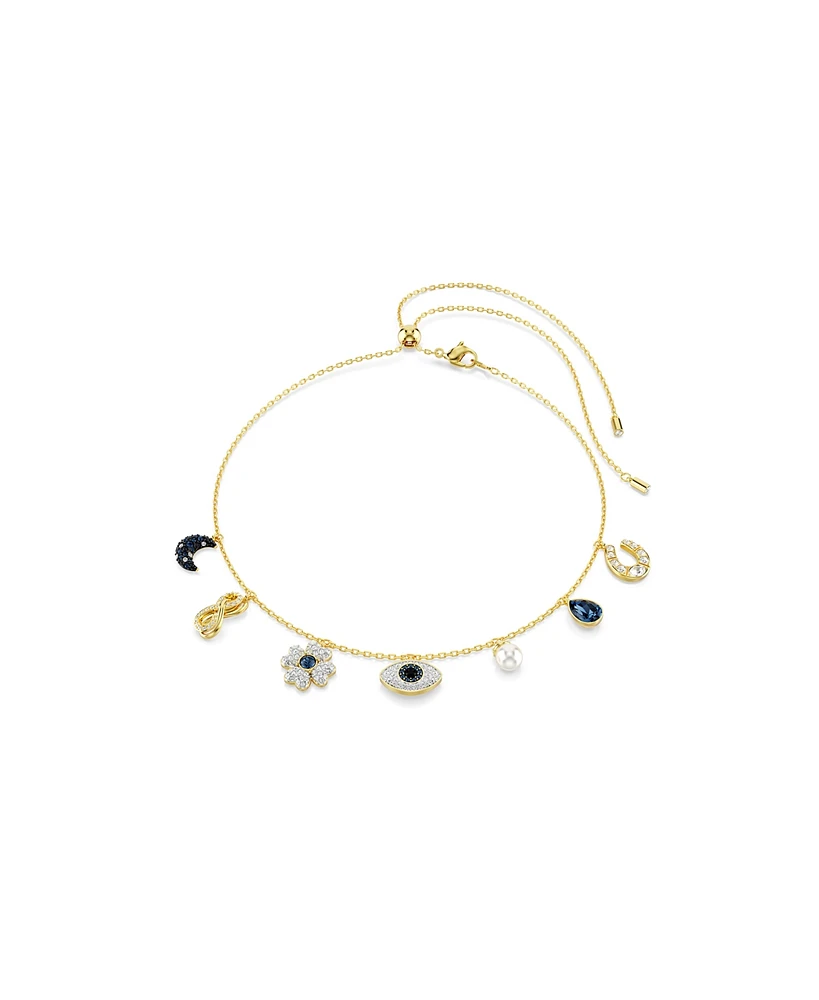 Swarovski Symbolica Choker, Moon, Infinity, Clover, Evil Eye and Horseshoe, Blue, Gold-Tone Plated Necklace