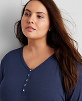 State of Day Women's Long-Sleeve Ribbed Henley Sleep Top Xs-3X, Created for Macy's