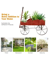 Sugift Wooden Wagon Plant Bed with Metal Wheels for Garden Yard Patio