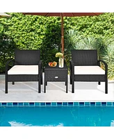 Gymax 3PCS Rattan Patio Conversation Set Outdoor Furniture Set w/ Storage Table