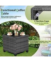Gymax 3PCS Patio Rattan Sofa Set Outdoor Wicker Conversation Set Glass Tabletop w/ Grey Cushion