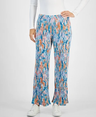 Jm Collection Women's Floral-Print Plisse Wide-Leg Pants, Created for Macy's