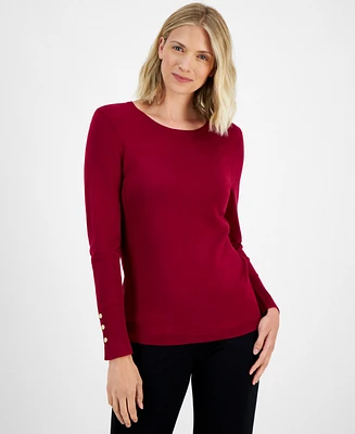 Jm Collection Women's Button-Sleeve Crewneck Sweater, Created for Macy's