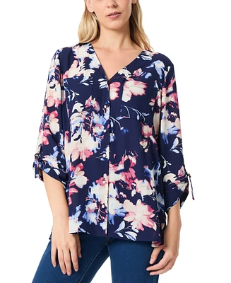 Jones New York Petite V-Neck Tab-Sleeve Printed Tunic