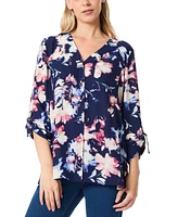 Jones New York Petite V-Neck Tab-Sleeve Printed Tunic