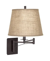Brinly Farmhouse Rustic Swing Arm Wall Lamp Matte Brown Metal Plug-in 12" Fixture Burlap Hardback Drum Shade for Bedroom Bedside Living Room Hallway D
