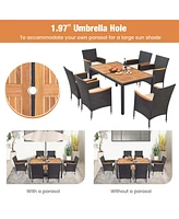 7 Pcs Outdoor Dining Set for 6 with Umbrella Hole Acacia Wood Tabletop Poolside
