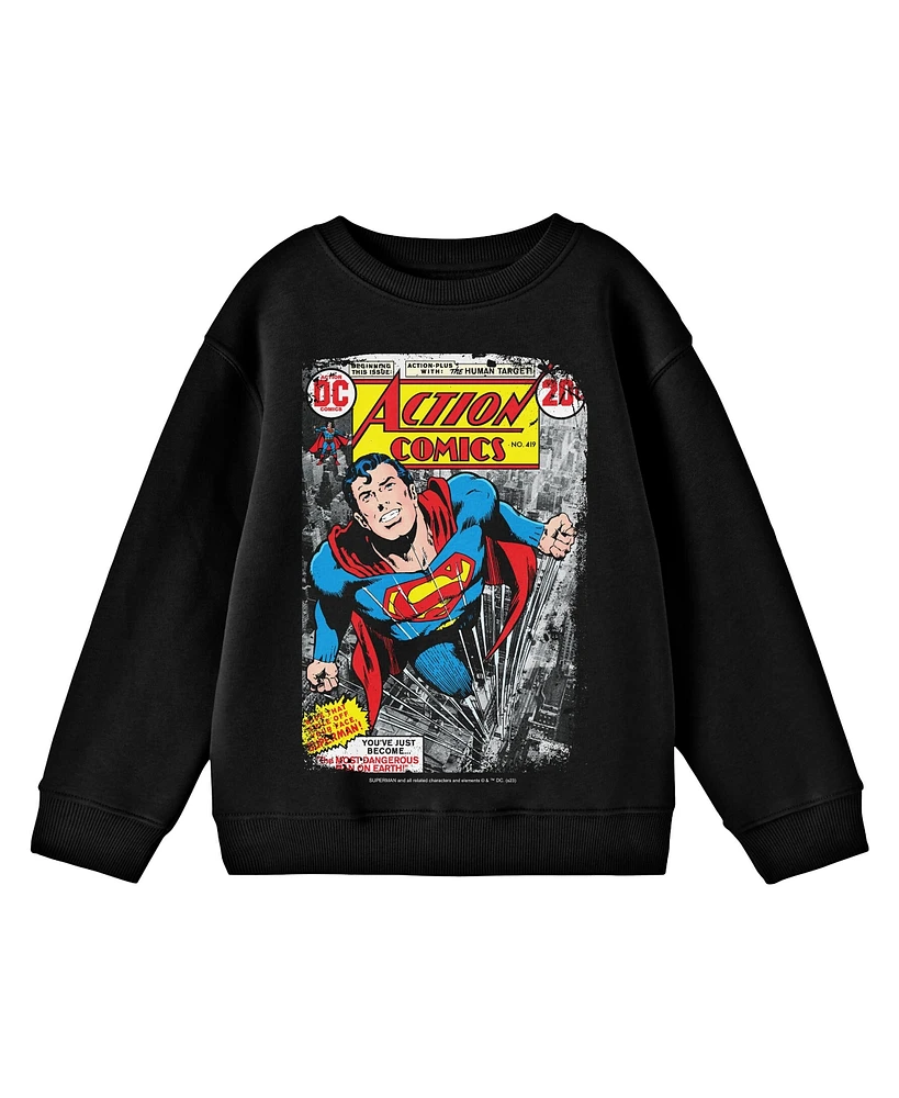 Superman Boys Distressed Action Comics Cover No. 419 Crew Neck Long Sleeve Black Youth Tee