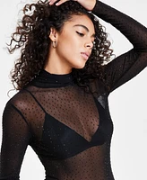 Bar Iii Women's Sheer Mock-Neck Rhinestone Top, Created for Macy's