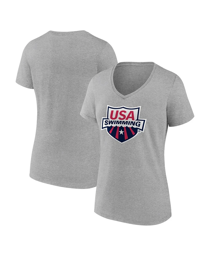 Fanatics Women's Heather Gray Usa Swimming Primary Logo V-Neck T-Shirt