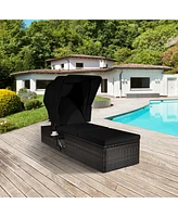 Gymax Set of 2 Rattan Patio Chaise Lounge Chair W/ Adjustable Canopy Black Cushion