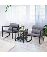 Sugift 3 Pieces Cushioned Patio Rattan Set with Rocking Chair and Table