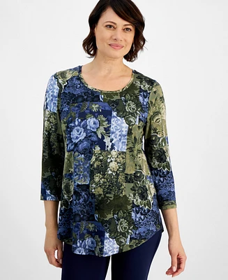 Jm Collection Petite Etch Medley Printed Top