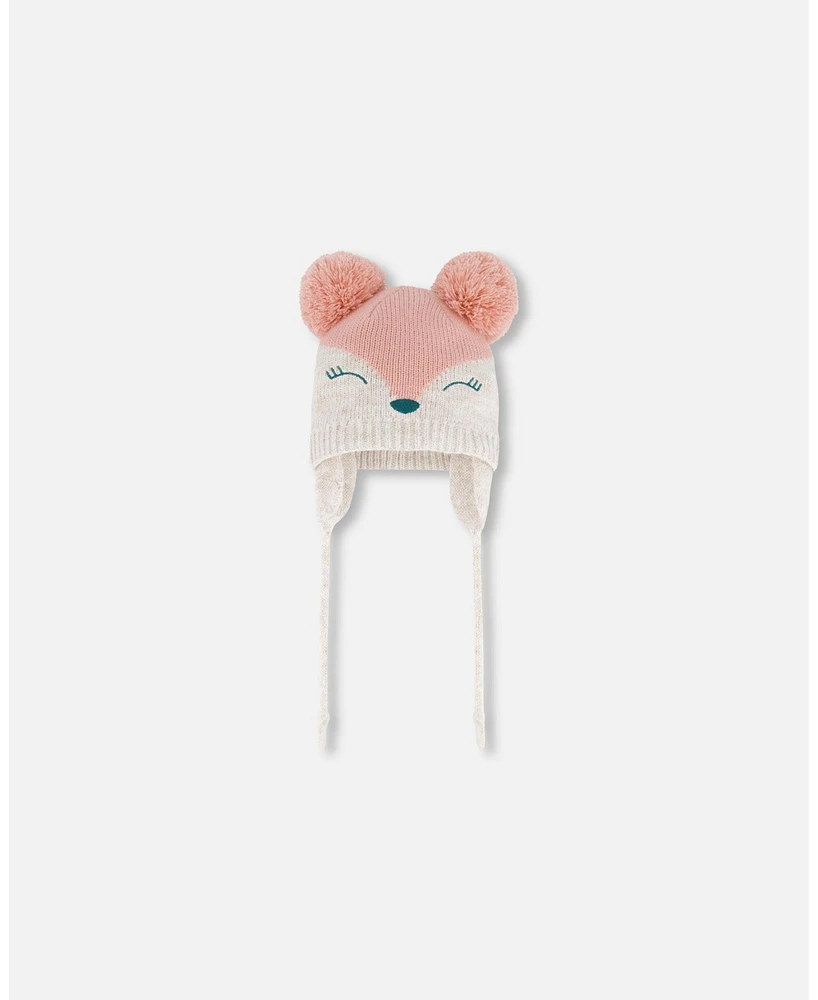 Deux par Deux Girl Knit Hat With Ears Light Pink Deer Face - Toddler|Child