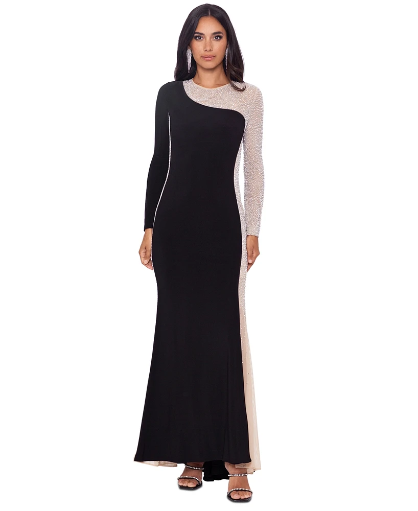 Xscape Women's Two-Tone Long-Sleeve Jersey-Knit Gown