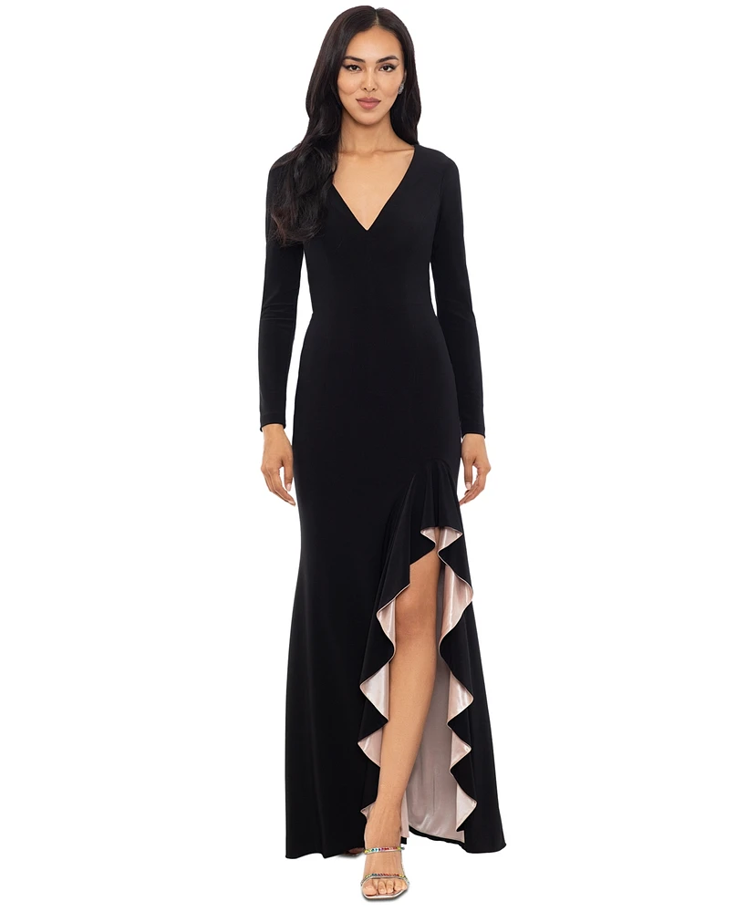 Xscape Women's Long-Sleeve Draped Contrast-Slit Dress