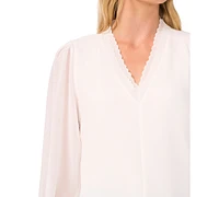 CeCe Women's Scalloped V-Neck Long-Sleeve Smocked-Cuff Blouse