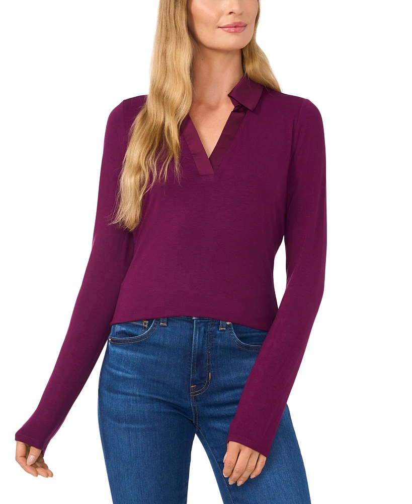 CeCe Women's Woven-Collar Knit Long-Sleeve Top