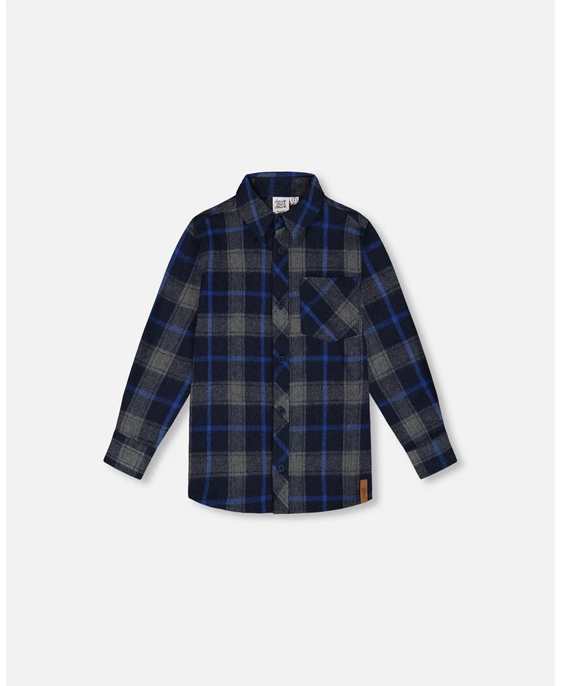 Deux par Big Boys Button Down Flannel Shirt With Pocket Plaid Navy And Gray